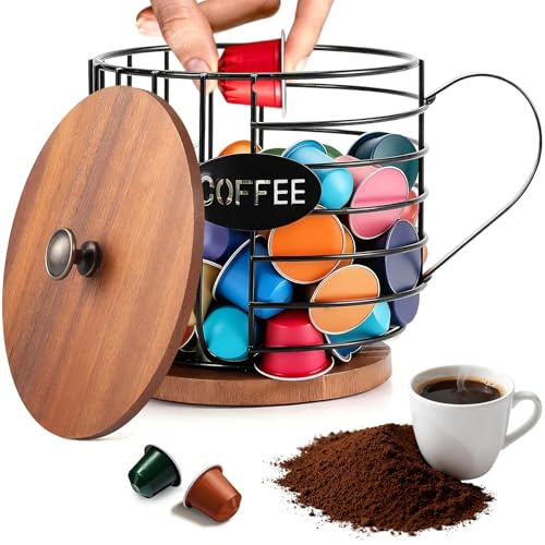 Porta Cialde Caffè Bancone con Coperchio Legno, Organizzatore Capsule Caffè Rotondo Cestello Portaoggetti Capiente, Portacialde Accessori Bar Contenitore Gabbie Ferro Nero per Lavoro Della Cucina