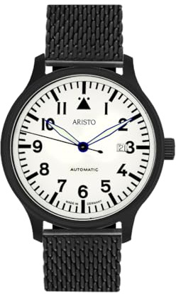 Aristo Flieger 42 Beo Automatic Herren Uhr Schwarz PVD 42 mm - SW200-1 Automatik Uhrwerk, Saphirglas, Glasboden, Milanaiseband Edelstahl Schwarz, Klassische Fliegeroptik - Made in Germany