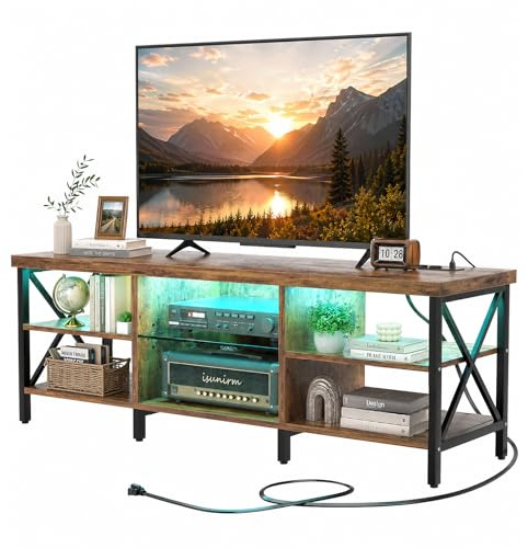 iSunirm Mobile TV 140 cm Marrone Vintage con LED RGB e Stazione di Ricarica – Porta TV fino a 55 Pollici – Mobile TV Industriale Legno e Metallo per Soggiorno e Camera