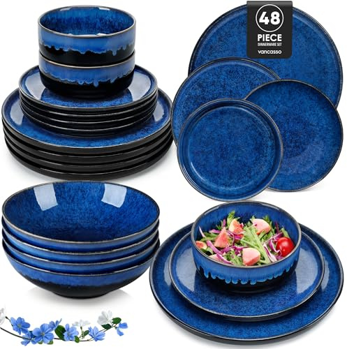 Geschirrset 12 Personen modern, vancasso STARRY 48-teiliges Steingut Geschirr Set, Kombiservice Set Blau, Tafelservice 12 Personen, Inklusive Speiseteller, Dessertteller, Suppenteller und Müslischalen