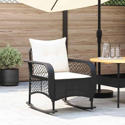 Ordellia Garten-Schaukelstuhl mit Kissen, Schwarz Poly Rattan, 67x75x75cm, UV-beständig, bequemer Outdoor-Stuhl für Balkon & Terrasse