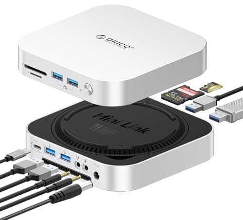 ORICO StudioLink Hub für Mac mini mit SSD-Gehäuse & 7-in-1-Anschlüssen | NVMe/SATA M.2 SSD-Dock für Mac mini M1/M2/Mac Studio | USB-C 10Gbps, SD/TF-Kartenleser, 3,5-mm-Audioanschluss, Aluminiumlegieru