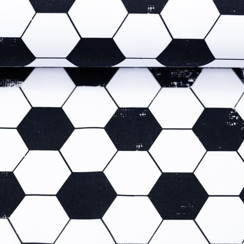 Baumwollstoff Fussball Motive - 100 % Baumwolle – 147 cm breit – Öko-Tex Standard 100 – für Projekte rund um Fussball, Sport und Fanliebe – Meterware ab 50 cm (Fußballmuster, schwarz/weiß)