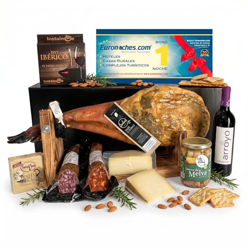 Cesta Gourmet con Paleta Ibérica Cebo 50% 5 Kg y Embutidos Bellota Vino Ribera del Duero Queso Curado Patés y Melva Lote de Regalo Navidad Empresa 1 Noche Hotel Gratis Selección Premium