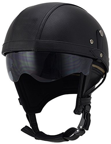 Woljay Cuir Casque de Moto et Velo Bol Lunettes Retro Style de Vintage Cuir Moto Biker Croiseur Scooter Tournée Casque (Noir avec lentille Solaire tombante)