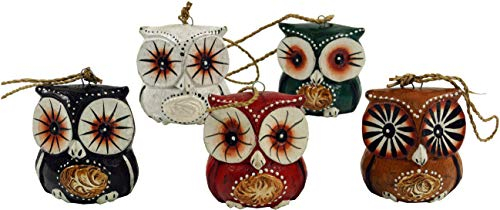 GURU SHOP 5er Set Anhänger, Kleine Holzfigur, Tierfigur Eule, Mehrfarbig, Suarholz, 6x5x5 cm, Tierfiguren