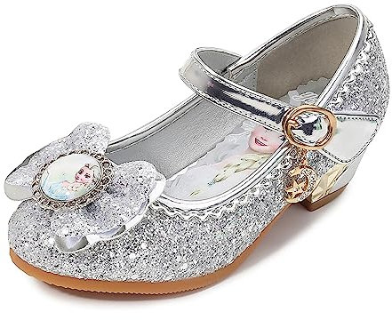 FStory&Winyee Mädchen Prinzessin Sandalen mit Absatz Kinder ELSA Schuhe Partei Glitzer Kristall Mädchen Kostüm Zubehör Karneval Verkleidung Party Aufführung Fasching Tanzball, Silber, 25 EU
