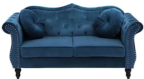 Glam Living Room 2 Seater Velvet Sofa Nailhead Trim Button Tufted Blue Skien