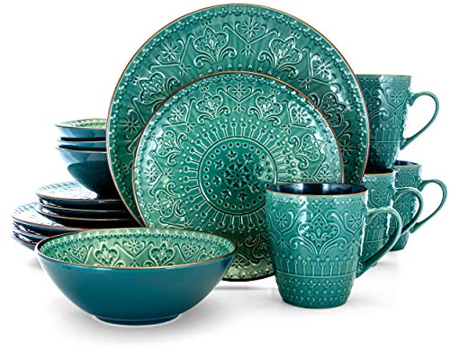 Elama Round Stoneware Embossed Dinnerware Dish Set, 16 Piece, Ocean Teal and Green