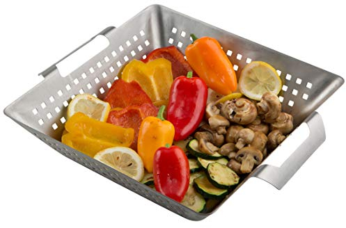 Meateor Grill-Korb aus massivem Edelstahl, geeignet für Holzkohlegrill, Gasgrill, Elektrogrill und Backofen, für kleines Grillgut oder Gemüse, Maße: 34,5 x 28 x 7 cm (Maße: 34,5 x 28 x 7 cm)