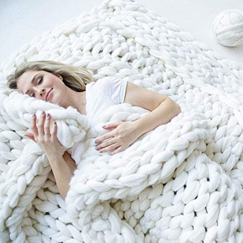 BWBG Grob Decke Gestrickte Kuscheldecke White, Grobstrick Wolldecke Strickdecke 6cm Breit Gestrickt Tagesdecke Überwurf Sofa Decke Zuhause Dekor Geschenk- 200x200cm