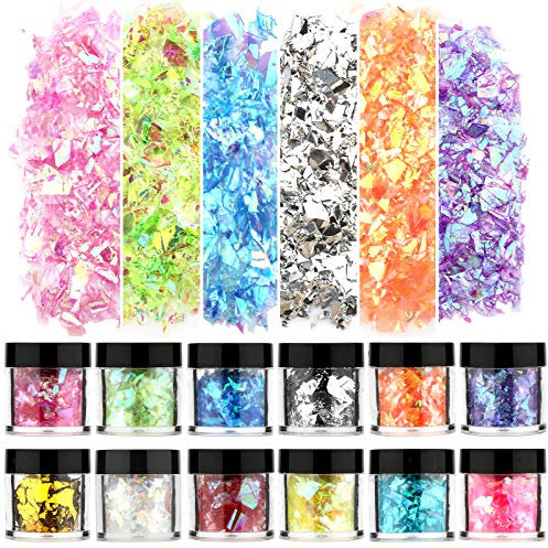 SAVITA 12 Colors Iridescent Glitter Flakes Holographic Nail Sequins Chunky Glitter Irregular Resin Epoxy Paint Art Craft Festival Cosmetic Body Glitter(Large Bottle)