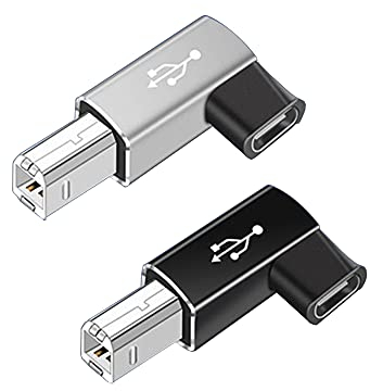 Adaptador USB C hembra a midi de 90 grados, paquete de 2 adaptadores de impresora USB C a USB B macho hembra derecha, compatible con impresoras, MIDI, pianos ectrricos, sintetizadores, micrófonos USB