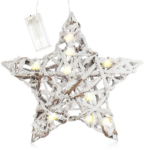 com-four® Künstlicher LED Weihnachtsstern beschneit, winterlicher Türkranz weiß mit Beleuchtung und Timer, Dekostern mit 10 warmweißen LEDs, Weihnachtsdeko (01 Stück - Weiß - Stern 30cm)