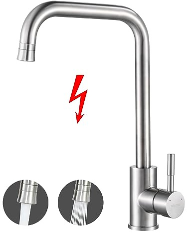 WOOHSE Niederdruck Armatur mit 3 Anschlüsse, Wasserhahn aus Edelstahl, 360° Drehbar Küchenarmatur, Mischbatterie für Küche/Bad inkl. Montageset