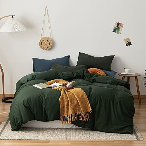 Bettwäsche-Set, 100 % Baumwoll-Jersey, für Doppelbett, Olivgrün, Bettbezug mit 2 Kissenbezügen