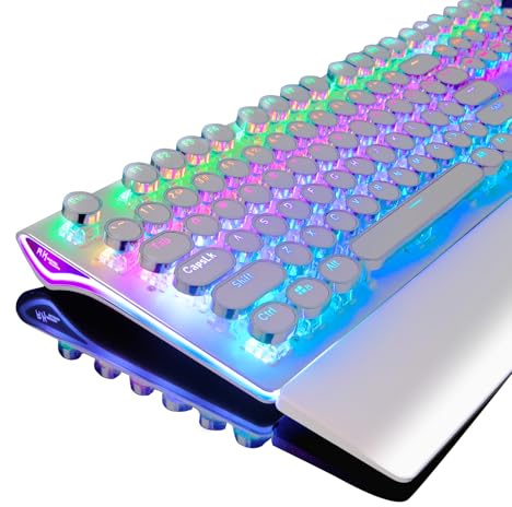 RK ROYAL KLUDGE Teclado mecánico para juegos S108 estilo máquina de escribir con retroiluminación RGB, teclado de juego de PC con cable, tamaño completo con reposamuñecas desmontable y almohadilla