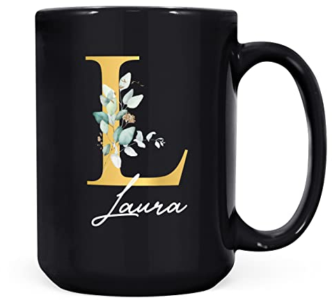 Personalised Letter L Floral Mug Initial with Name, Customised Gift, Gold Effect Printed Letter, NOT Metallic - Ceramic Coffee Cup for Men or Women, Extra Large and Giant Mug, 15oz Black Cup