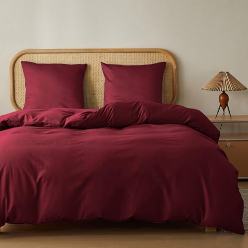 MR&HM Bettwäsche 155x220 3-teilig Baumwolle - Bettwäscheset aus 100% Baumwolle 155 x 220 x 1 Plus Zwei Kissenbezüge 80 x 80 mit Reißverschluss, weiche und komfortable Bettwäsche, Rotwein