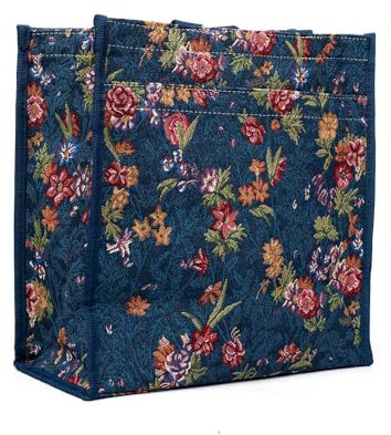 Signare Gobelin Schultertasche Einkaufstasche für Damen mit Gartenblume und Kreaturen (Blumenwiese Blau)