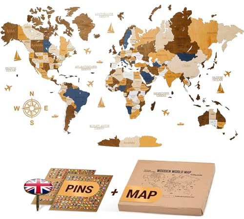 WOW WOOD® Premium Wanddeko 3D Weltkarte Holz in Englisch mit Pins | Werkzeuglose Wandmontage | Eine Geschenkidee für jede Gelegenheit | Wanddeko Holz für Wohn- und Büro Deko | Mehrfarbig, L (160x85cm)