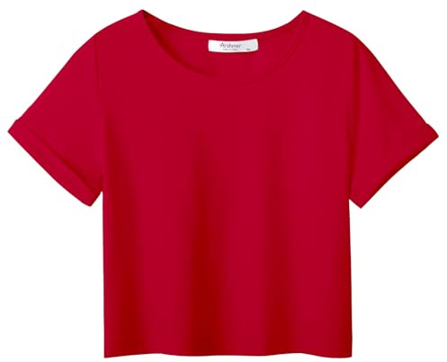 Arshiner Filles T-Shirts Manches Courtes Enfants été Shirts Tops Sport Décontracté Mode Basic Tshirt pour Fille 13-14 Ans Rouge