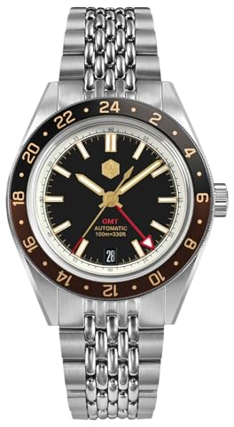 San Martin SN0116G Taucheruhren für Herren, NH34 GMT Uhr, mechanischer Saphirspiegel, voll leuchtend, 10 ATM wasserdicht, 39,5 mm Edelstahl, Schwarz-braune Lünette, Mechanisch, Tauchen, Piloten,
