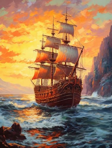 MIRONS 5D Diamond Painting Set, Ölgemälde Segelschiff auf dem Meer,B 30 * 40cm DIY voller runder Diamant Diamant Kunst Zeichnung Erwachsene Diamant Zeichnung Set mit Accessoires Haus Wanddekoration