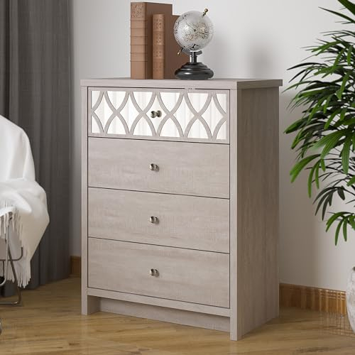 Galano Ilse Kommode mit 4 Schubladen – Moderne Kleiderschrank-Aufbewahrung mit Spiegelschublade für Schlafzimmer – Eiche in Staubgrau