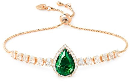 Linawe Emerald Green Crystal Imitation Diamond Bracelet for Women, Rose Gold Chain Charm Bracelet, Rhinestone Birthstone Moissanite Cubic Zirconia Bracelet Set, Prom Wedding Preppy Jewellery