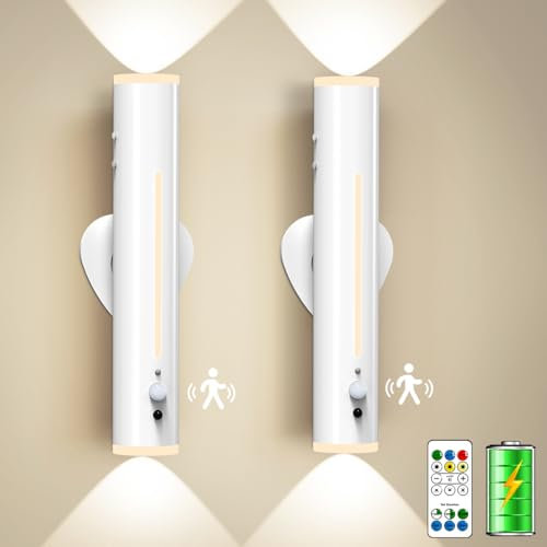 Moslumin Applique Murale Intérieure Sans Fil, 2 PSC Lampe LED Detecteur Mouvement Rechargeable, Magnetique Métal Télécommande, Appliques Murale Pile pour Chevet, Chambre, Salon, Couloir, Exterieur