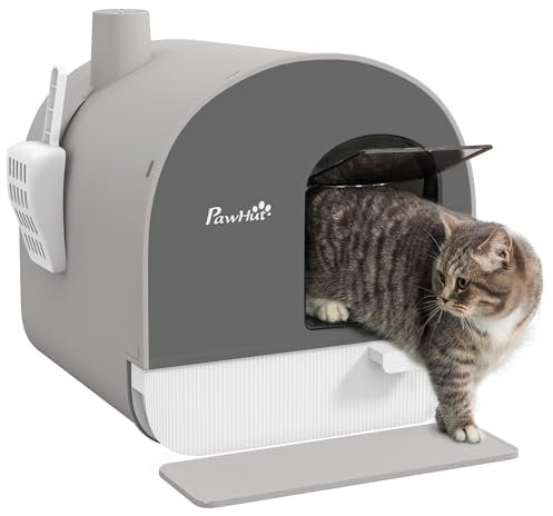 PawHut Caja de Arena para Gatos Arenero Cerrado para Gatos con Puerta Delantera Bandeja Extraíble Pala Alfombra y Filtro 43x44x47 cm Gris