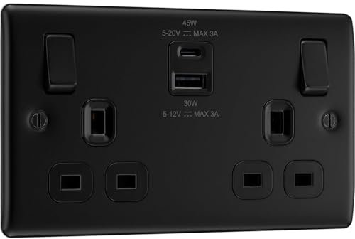AMK® BG Double Power Socket with USB 13 Amp Matt Black Double Outlet Dual USB Charging Design With Fixings