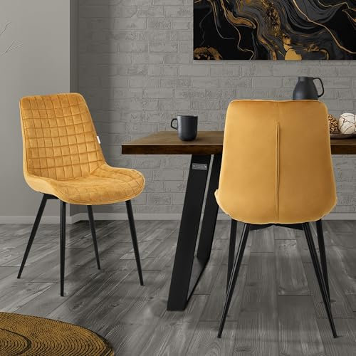 ML-Design Esszimmerstühle 2er Set, Senfgelb, Sitzfläche aus Samt mit schwarzen Metallbeinen, Küchenstühle mit Rückenlehne, Wohnzimmerstühle, Polsterstühle für Esszimmer Küche Büro, Gepolsterte Sessel