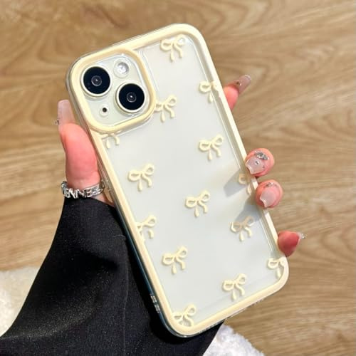 EYZUTAK Case for iPhone 15 Plus, Clear Cute Ribbon Bowknot Pattern Aesthetic Transparent Phone Case Raised Camera Protection Stylish Slim Soft Durable TPU Protective Cover for Women Girls - Yellow
