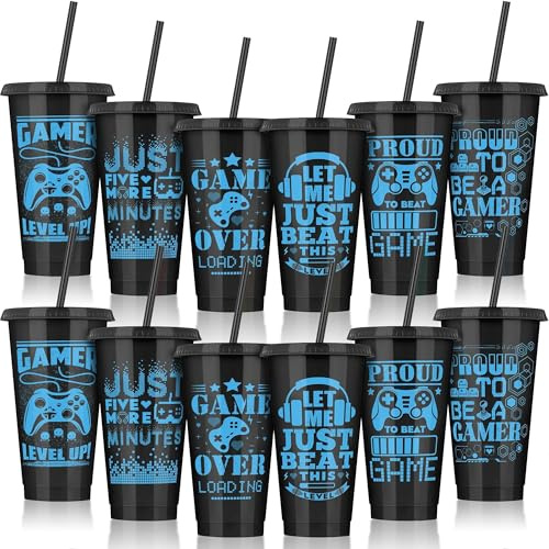 Kochorie 12 Pieces Video Game Plastic Cups 24 Ounces Gaming Party Cups with Lids and Straws Black Blue Video Game Tumbler Cups for Birthday Party Video Game Party Supplies Tableware