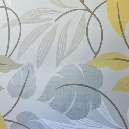 Oriental Leaves Grey Green Yellow Wallpaper - Botanical Tropical Naturistic Stylish Trendy - Paste The Wall