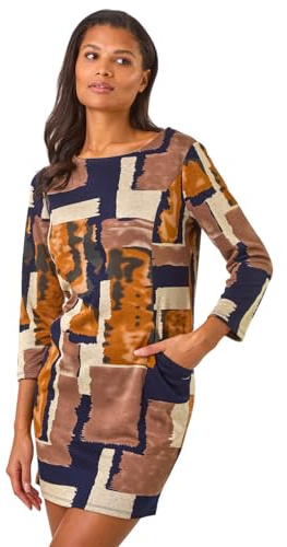 Roman Women Shift Dress with Pockets - Ladies Autumn Winter Tunic 3/4 Length Sleeve Knee Length Smart Casual Office Work Cocktail Party Round Neckline Comfy Soft - Gold - Size 18