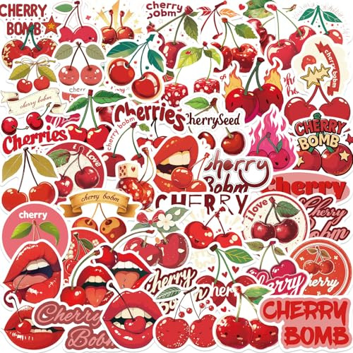 50 Pcs Cherry Stickers Laptop Car Scrapbook Phone Skateboard Suitcase Luggage Bike Cherry Vinyl Waterproof Aesthetic Personalised Stickers for Teens Boys Girls Adults