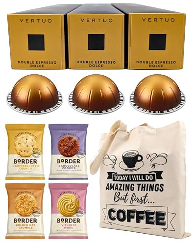 Coffee Pod Multipack for Nespresso Vertuo Machine - Double Espresso Dolce Coffee Capsules - 3 Boxes (30 Pods) with Border Biscuits and Reusable Tote Bag