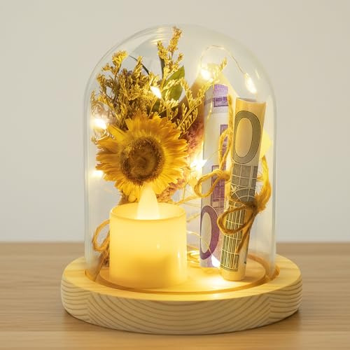 Geldgeschenk Geburtstag, Geldgeschenke geburtstag, Happy Birthday Geschenkbox inklusive Deko Licht mit Trockenblumen,LED Kerze unter Glasglocke, Geldgeschenke für Frauen, Geburtstagsgeschenk aus Holz