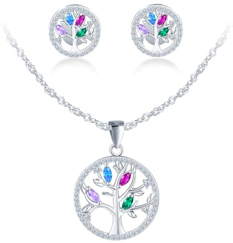 MICMIF Donna Albero Della Vita Set Gioielli Argento 925 Orecchini e Collana con Colori Zirconia, Parure Gioielli Orecchini a Bottone Albero Della Vita Ciondolo Collane per Donne e Ragazze