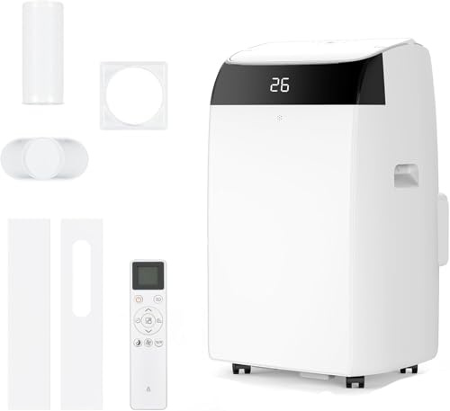 GarveeHome Condizionatore Portatile 12000 BTU 4in1 Funzionamento Silenzioso Display Digitale Telecomando Timer 24Ore Tubo Scarico Kit Finestra Raffreddamento fino 51m² Casa Ufficio (12000 BTU 4-in-1)