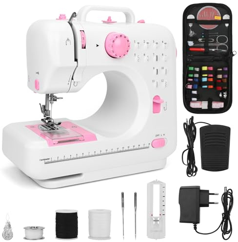 Mini Nähmaschine für Anfänger mit 12 Stichen, LED Licht, Rückwärtsnähen, automatischem Spulen, leiser Motor, kleine Nähmaschine 28x12x24 cm, kompakte kleine Nähmaschine für Zuhause