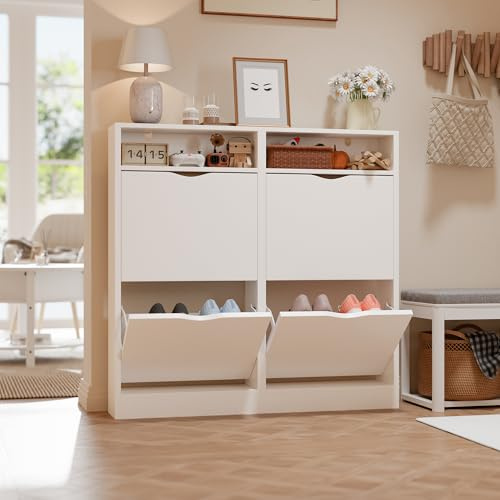 ELUCHANG Schuhschrank schmal mit 4 Klappen Platzsparender, Geschlossen Schuhregal Schuhkipper Schuhkommode mit 4 Ablagen, Shoe Cabinet Flurschrank für Diele/Flur/Garderobe, Weiß