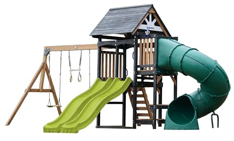 AXI Cody Spielturm aus Holz mit 2 Schaukeln & doppelter Rutsche in Hellgrün & Röhrenrutsche | XXL Spielhaus/Spielplatz für Kinder mit Klettergerüst & Trapez | Schaukelgerüst für den Garten