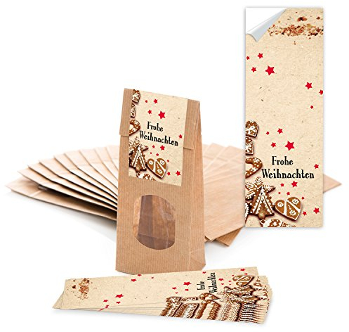 Logbuch-Verlag Weihnachten Kekstüten Plätzchentüten 7 x 4 x 20,5 cm mit Fenster + 50 Weihnachtsaufkleber Gebäck Tüte Beutel Blockbodenbeutel Kraftpapier