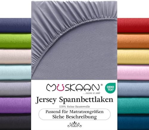 Müskaan Spannbettlaken 180x200 cm – 200x220 cm | 100% Baumwolle Jersey Bettlaken – Weiches Spannbetttuch für Matratzen bis 32 cm Höhe – Grau