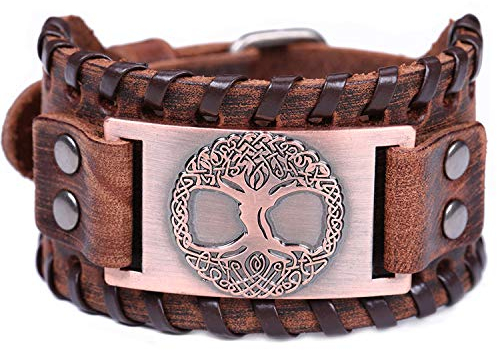 VASSAGO Vintage Amulett nordischen Viking Baum des Lebens Yggdrasil keltischen Knoten Metall braun Lederarmband für Männer (braunes Leder, antikes Kupfer)