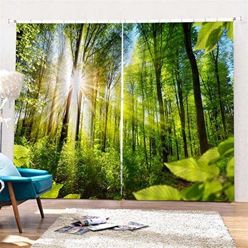 SK Studio 2er Set Verdunklungsvorhang Blickdicht Vorhang Wasserdicht mit Waldlandschaft Baumpfad Blauer Ozean Muster für Schlafzimmer Wohnzimmer Stil 15, 264x213cm